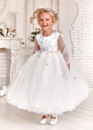 Long Sleeves Colorful Beaded 3D Flowers Cute Flower Girl Dress